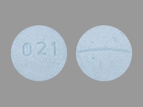 Pill with imprint 021, blue, round, 9 mm (Nadolol 40 mg)