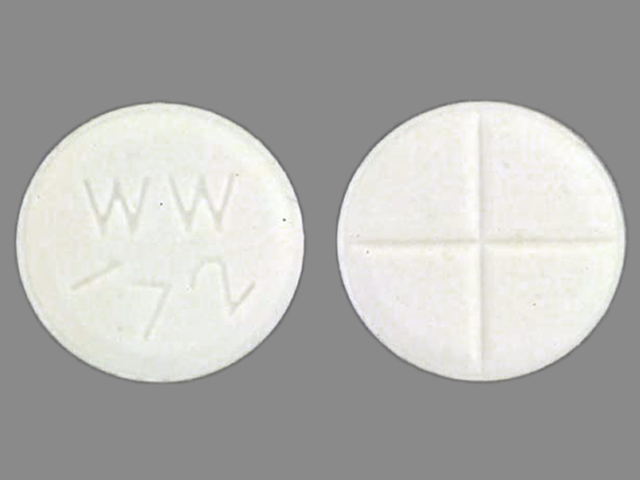 Pill with imprint WW 172, white, round, 8 mm (Captopril 25 mg)