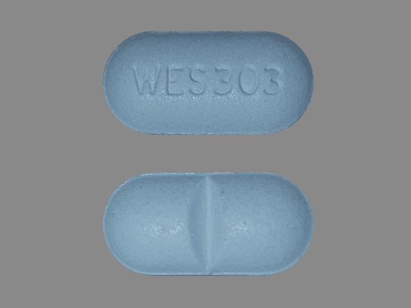 Pill with imprint WES 303, blue, capsule, 15 mm (Hydrocodone Bitartrate and Acetaminophen Hydrocodone Bitartrate 10 mg / Acetaminophen 325 mg)