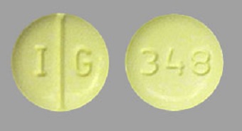Pill with imprint IG 348, yellow, round, 9 mm (Nadolol 40 mg)