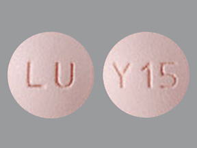 Pill with imprint LU Y15, pink, round, 6 mm (Quetiapine 25 mg)