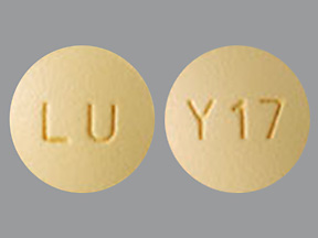 Pill with imprint LU Y17, yellow, round, 9 mm (Quetiapine 100 mg)