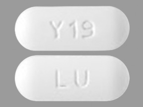 Pill with imprint LU Y19, white, capsule, 19 mm (Quetiapine 300 mg)