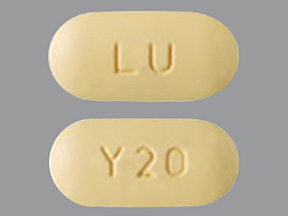 Pill with imprint LU Y20, yellow, capsule, 19 mm (Quetiapine 400 mg)