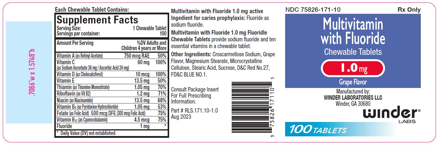 Pill with imprint WL171, purple, round, 13 mm (Sodium Fluoride Fluoride Ion 1 mg / Vitamin A 750 mcg / Ascorbic Acid 24 mg / Ascorbic Acid 36 mg / Cholecalciferol 10 mcg / .alpha.-tocopherol, Dl- 6.75 mg / Thiamine Mononitrate 1.05 mg / Riboflavin 1.2 mg / Niacinamide 13.5 mg / Pyridoxine 1.05 mg / Folic Acid 500 mcg / Cyanocobalamin 4.5 mcg)