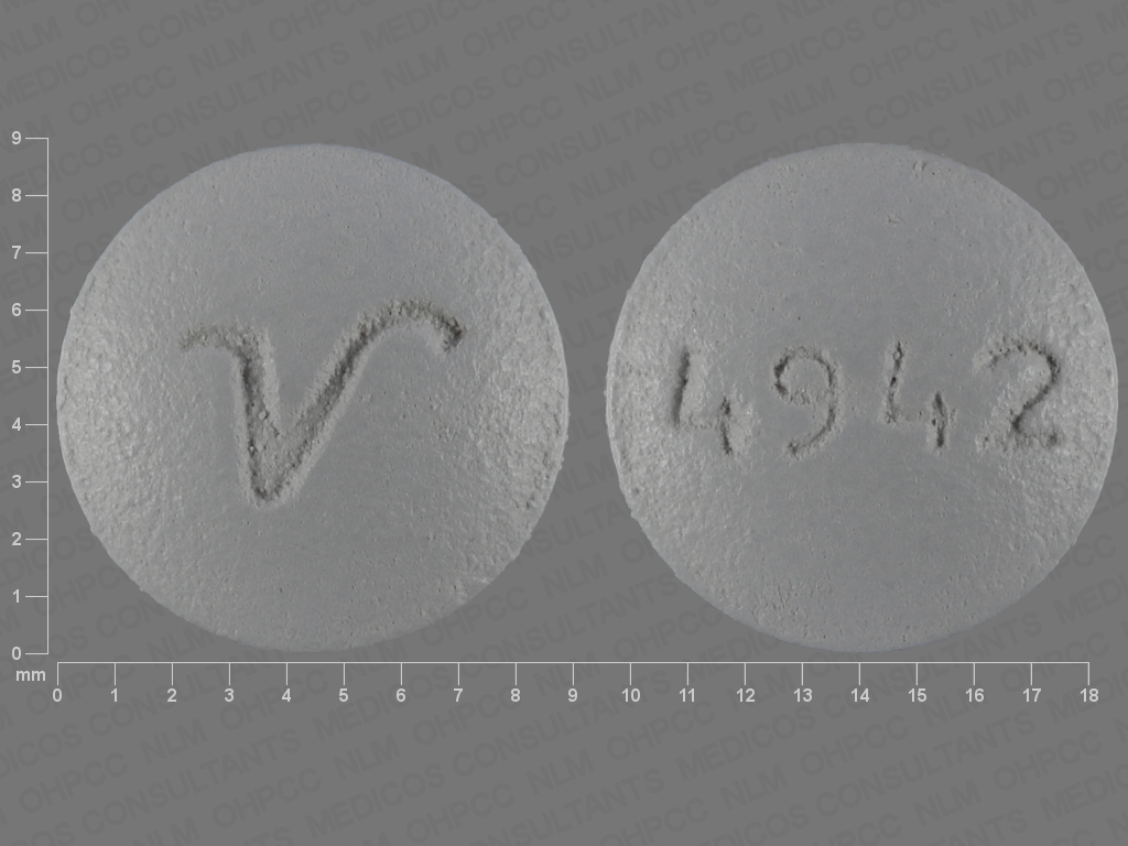 Pill with imprint 4942 V, gray, round, 9 mm (Perphenazine 8 mg)