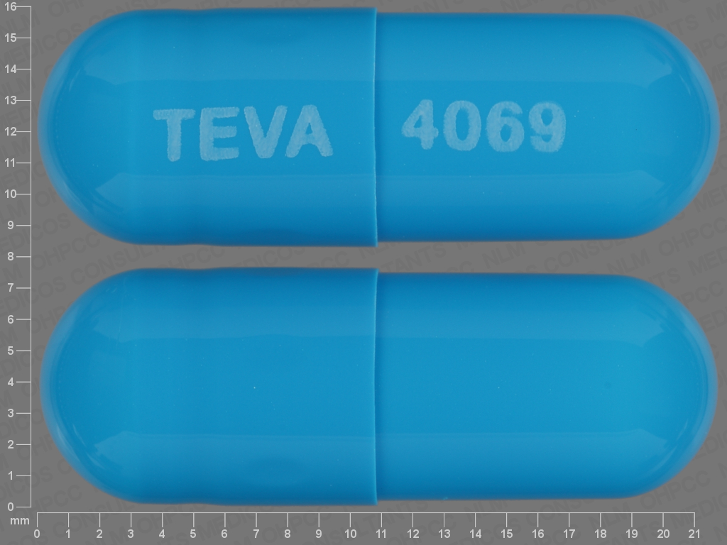 Pill with imprint TEVA 4069, blue, capsule, 22 mm (Prazosin Hydrochloride 5 mg)