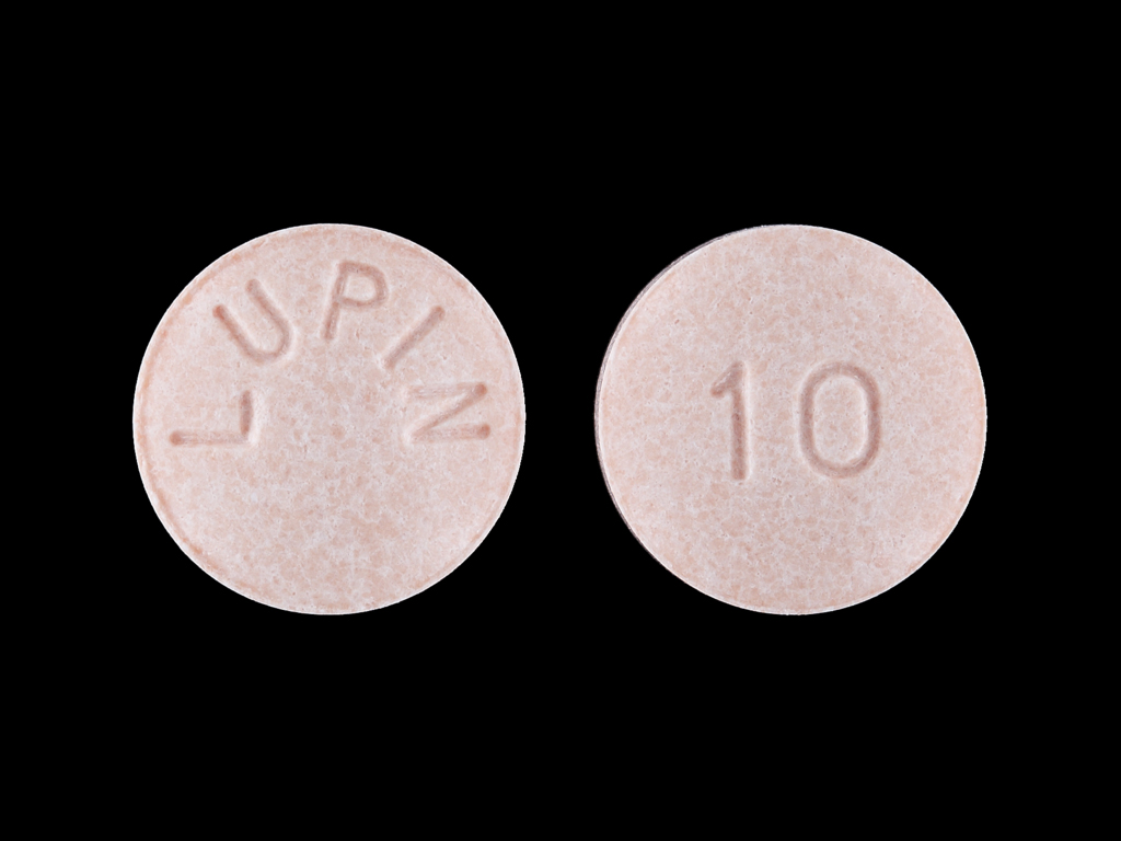 Pill with imprint LUPIN 10, pink, round, 8 mm (Lisinopril 10 mg)