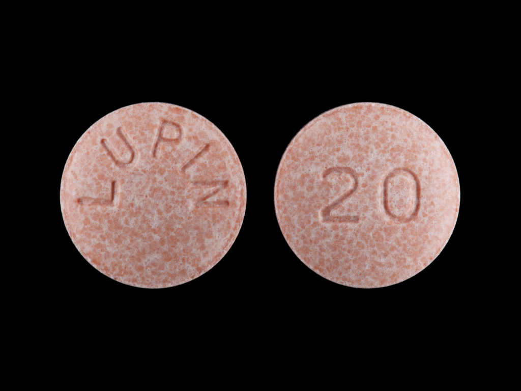 Pill with imprint LUPIN 20, pink, round, 8 mm (Lisinopril 20 mg)