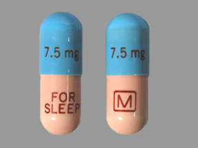 Pill with imprint FOR SLEEP M 7 5 mg, blue & pink, capsule, 16 mm (Temazepam 7.5 mg)