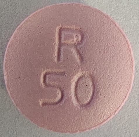 Pill with imprint R50, pink, round, 9 mm (Metoprolol Tartrate 50 mg)