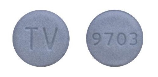 Pill with imprint TV 9703, blue, round, 10 mm (Carbidopa and Levodopa Carbidopa Anhydrous 25 mg / Levodopa 250 mg)