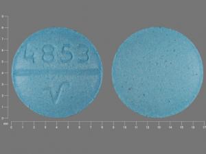 Pill with imprint 4853 V, blue, round, 8 mm (Oxybutynin Chloride 5 mg)