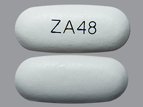 Pill with imprint ZA48, white, capsule, 23 mm (Divalproex Sodium 500 mg)