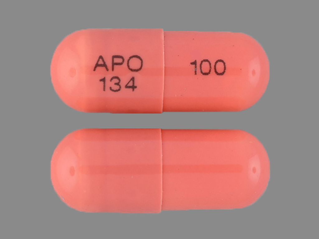 Pill with imprint APO 134 100, brown, capsule, 16 mm (Cyclosporine 100 mg)
