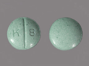 Pill with imprint K 8, green, round, 6 mm (Oxycodone Hydrochloride 15 mg)