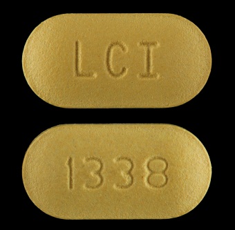 Pill with imprint LCI 1338, yellow, oval, 13 mm (Doxycycline 100 mg)