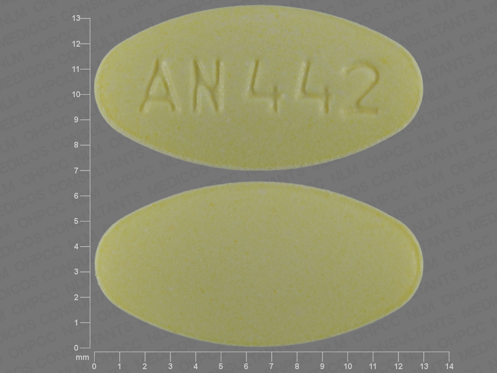 Pill with imprint AN 442, yellow, oval, 13 mm (Meclizine Hydrochloride 25 mg)