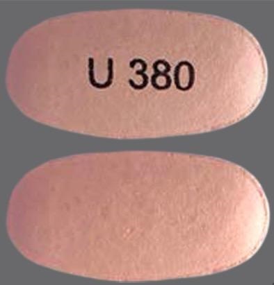 Pill with imprint U 380, pink, oval, 16 mm (Divalproex Sodium 250 mg)