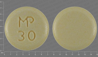 Pill with imprint MP 30, yellow, round, 7 mm (Chlorthalidone 25 mg)