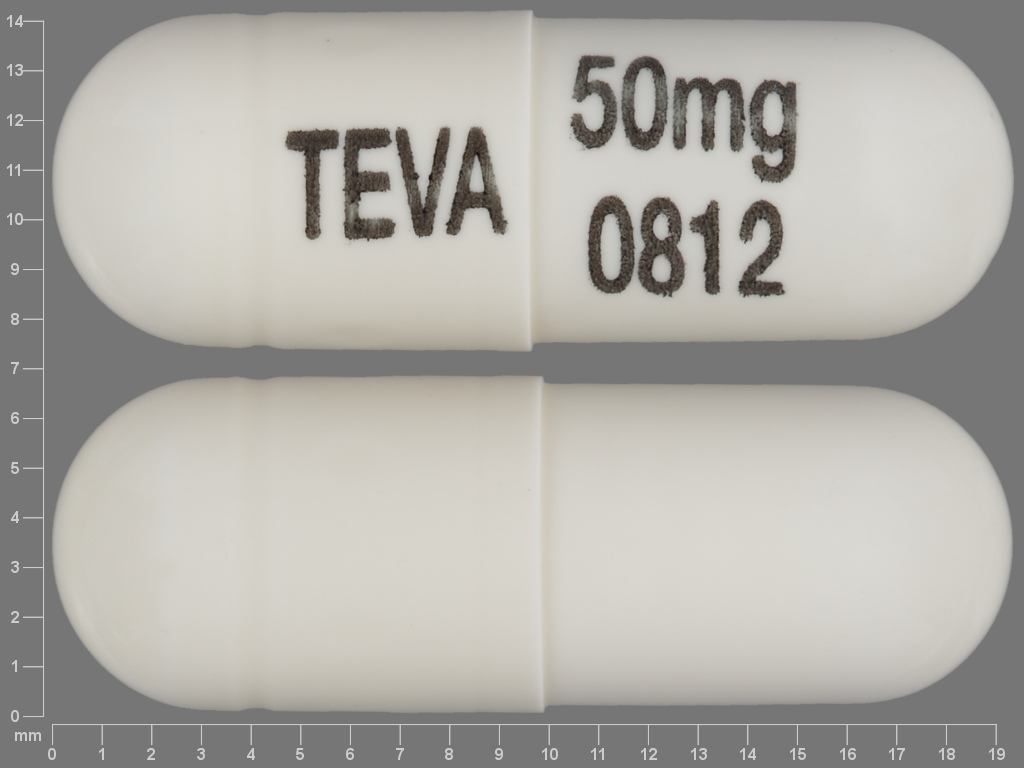 Pill with imprint TEVA 50mg 0812, white, capsule, 19 mm (Nortriptyline Hydrochloride 50 mg)