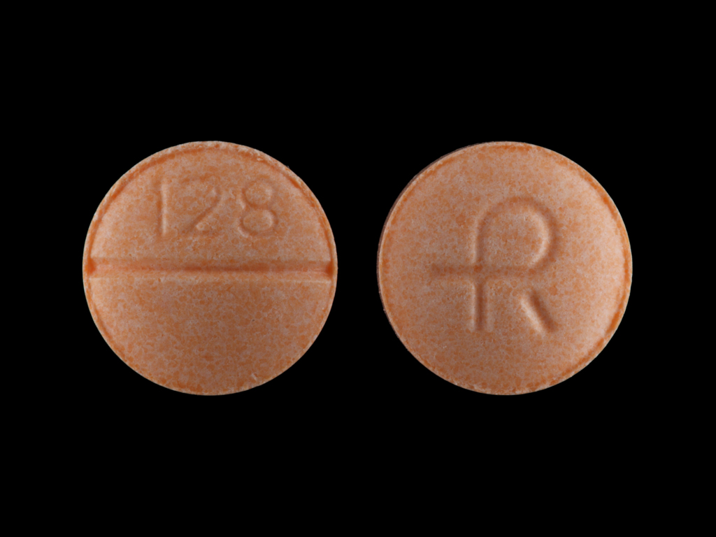 Pill with imprint R128, orange, round, 7 mm (Clonidine Hydrochloride 0.2 mg)