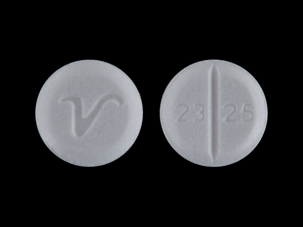 Pill with imprint 2325 V, white, round, 6 mm (Benztropine Mesylate 0.5 mg)