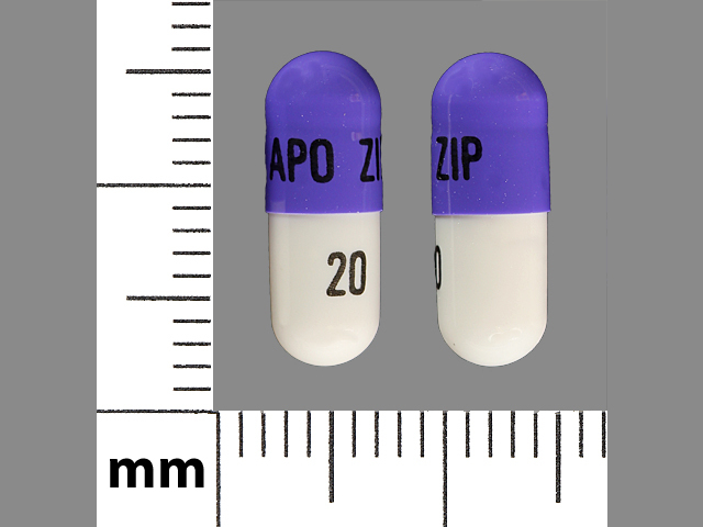 Pill with imprint APO ZIP 20, purple & white, capsule, 14 mm (Ziprasidone HCl 20 mg)