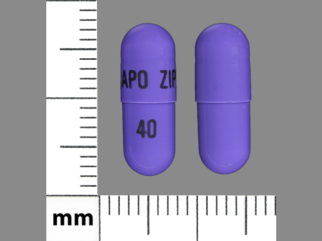 Pill with imprint APO ZIP 40, purple, capsule, 16 mm (Ziprasidone HCl 40 mg)
