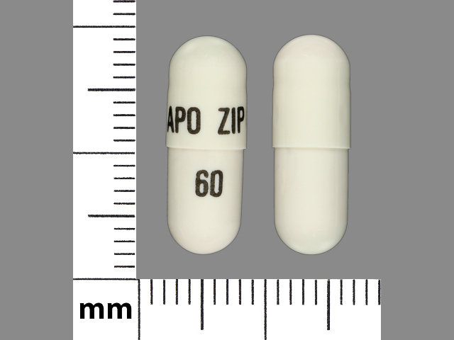 Pill with imprint APO ZIP 60, white, capsule, 18 mm (Ziprasidone HCl 60 mg)