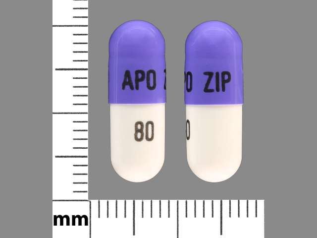 Pill with imprint APO ZIP 80, purple & white, capsule, 19 mm (Ziprasidone HCl 80 mg)