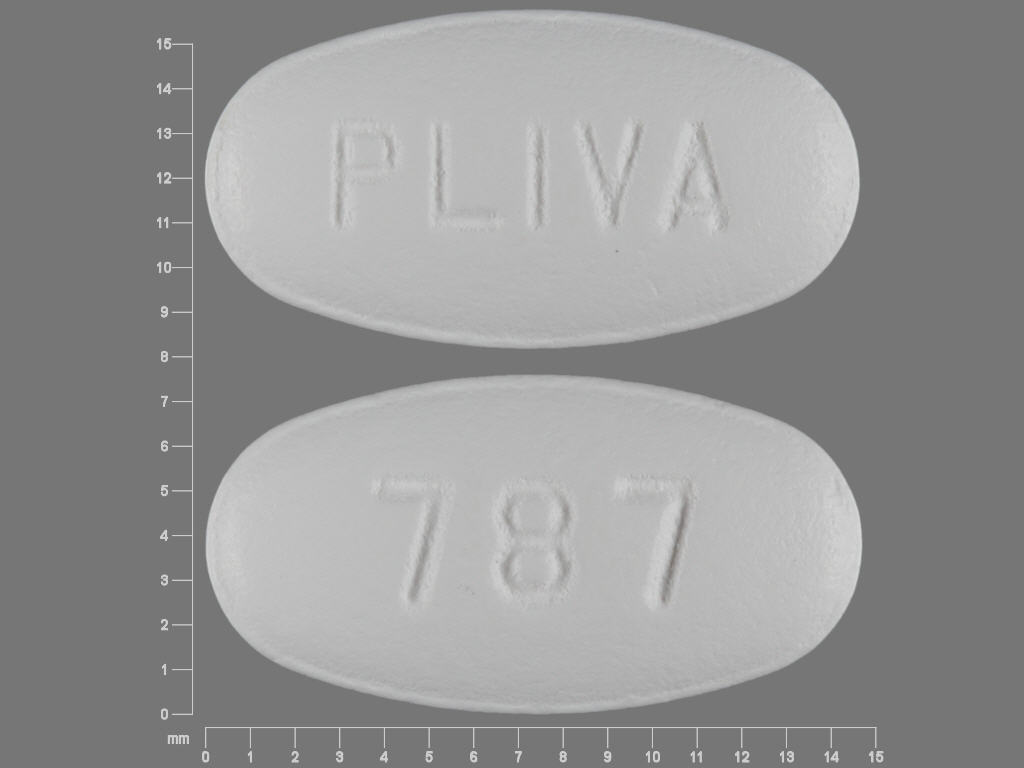 Pill with imprint PLIVA 787, white, oval, 15 mm (Azithromycin 250 mg)