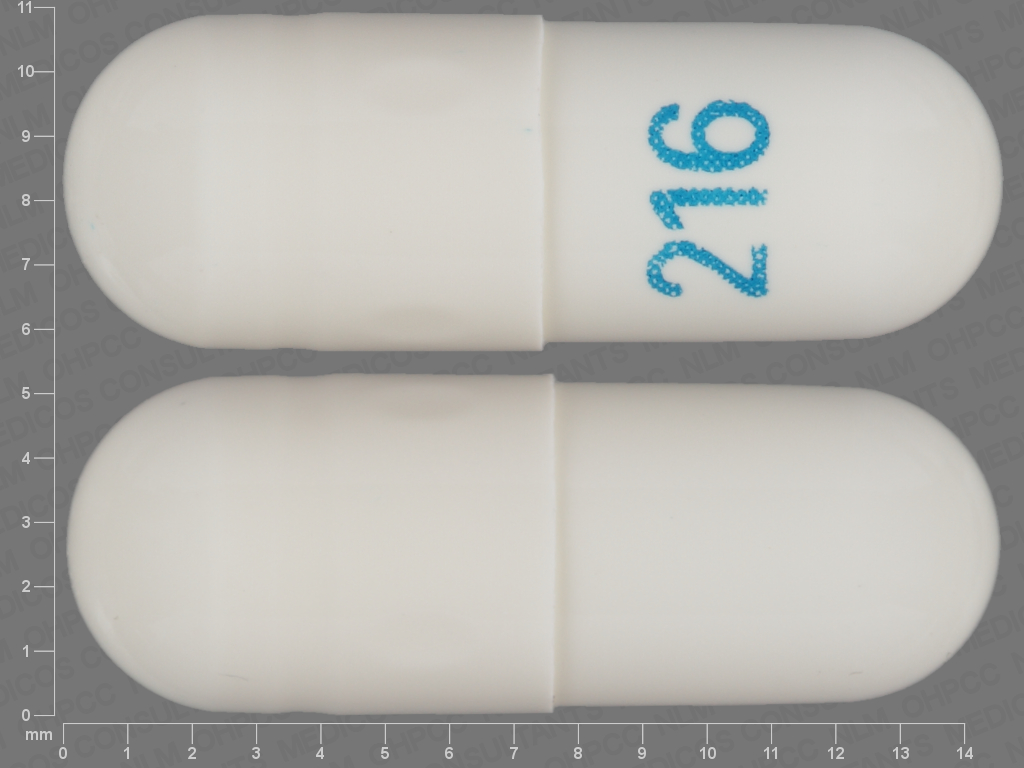 Pill with imprint 216, white, capsule, 14 mm (Gabapentin 100 mg)