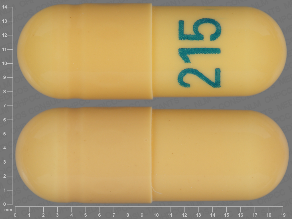 Pill with imprint 215, yellow, capsule, 19 mm (Gabapentin 300 mg)