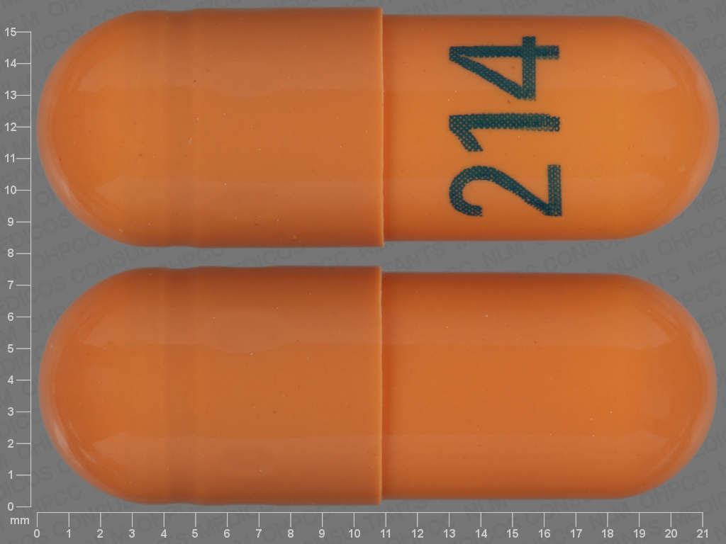 Pill with imprint 214, orange, capsule, 21 mm (Gabapentin 400 mg)