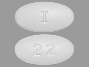 Pill with imprint I 22, white, oval, 18 mm (Linezolid 600 mg)