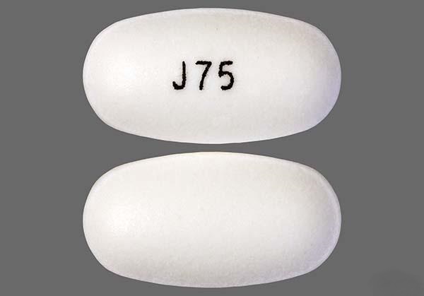 Pill with imprint J 75, white, oval, 20 mm (Sevelamer Carbonate 800 mg)