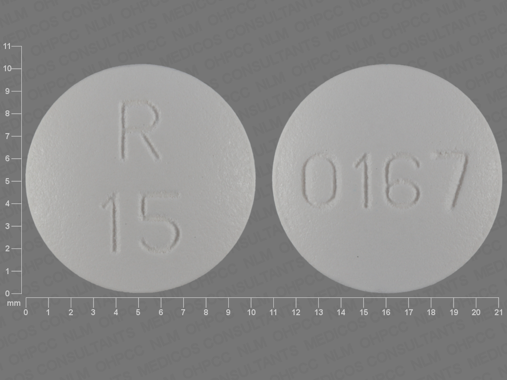Pill with imprint R15 0167, white, round, 10 mm (Olanzapine 15 mg)