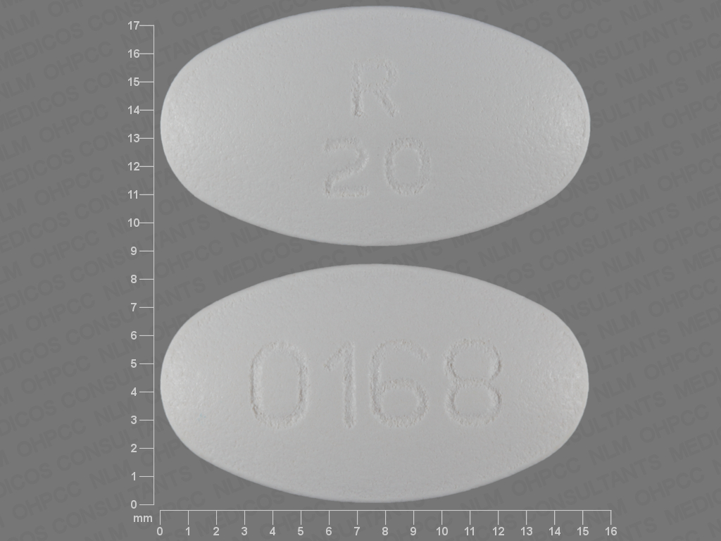 Pill with imprint R20 0168, white, oval, 15 mm (Olanzapine 20 mg)
