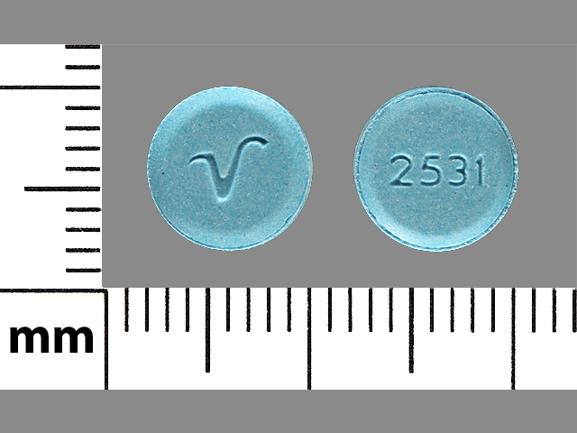 Pill with imprint 2531 V, blue, round, 8 mm (Clonazepam 1 mg)