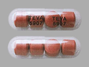 Pill with imprint TEVA 5907, white, capsule, 22 mm (Mesalamine 400 mg)