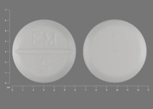 Pill with imprint EM 5, white, round, 6 mm (Methimazole 5 mg)