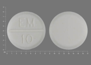 Pill with imprint EM 10, white, round, 8 mm (Methimazole 10 mg)