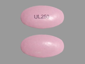 Pill with imprint UL 250, pink, oval, 14 mm (Divalproex Sodium 250 mg)
