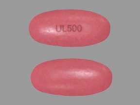 Pill with imprint UL 500, pink, oval, 19 mm (Divalproex Sodium 500 mg)
