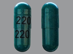 Pill with imprint 220, green, capsule, 18 mm (Cephalexin 250 mg)