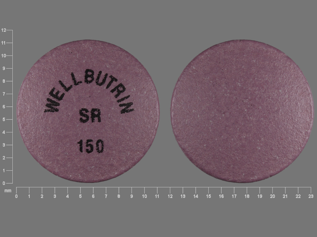 Pill with imprint WELLBUTRIN SR 150, purple, round, 11 mm (Bupropion Hydrochloride 150 mg)