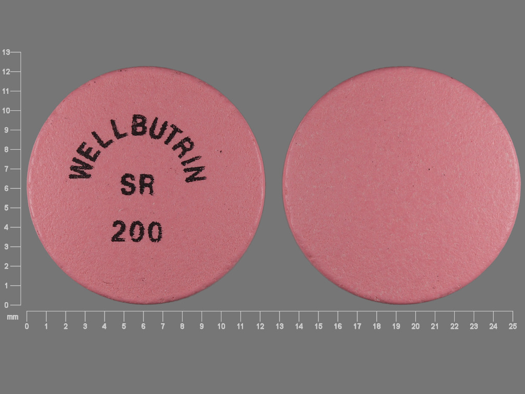 Pill with imprint WELLBUTRIN SR 200, pink, round, 12 mm (Bupropion Hydrochloride 200 mg)