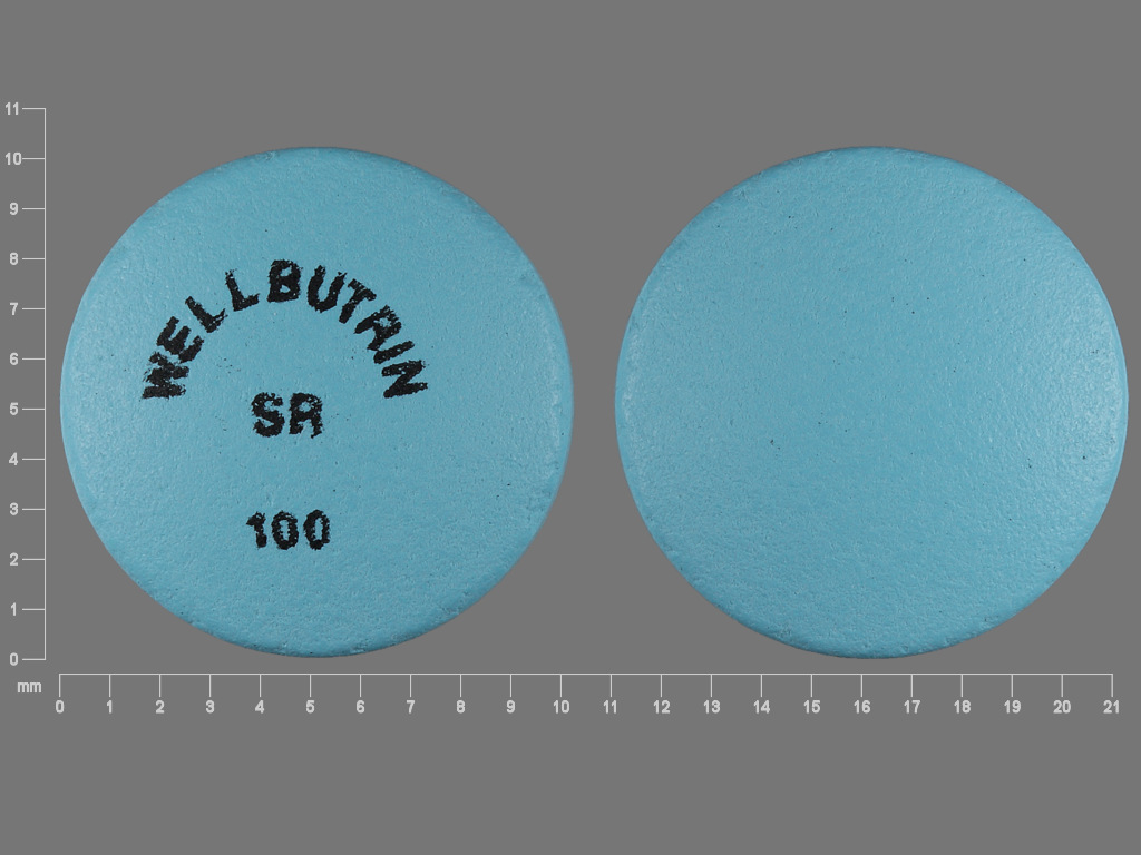 Pill with imprint WELLBUTRIN SR 100, blue, round, 10 mm (Bupropion Hydrochloride 100 mg)