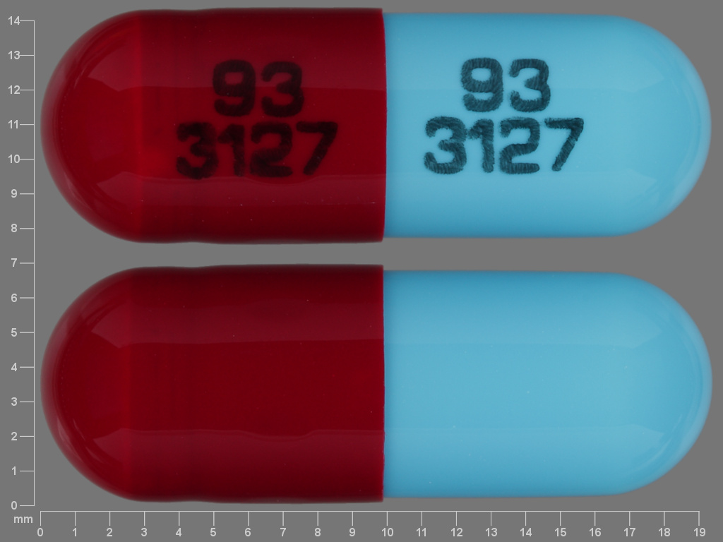 Pill with imprint 93 3127 93 3127, blue & red, capsule, 19 mm (Disopyramide Phosphate 100 mg)